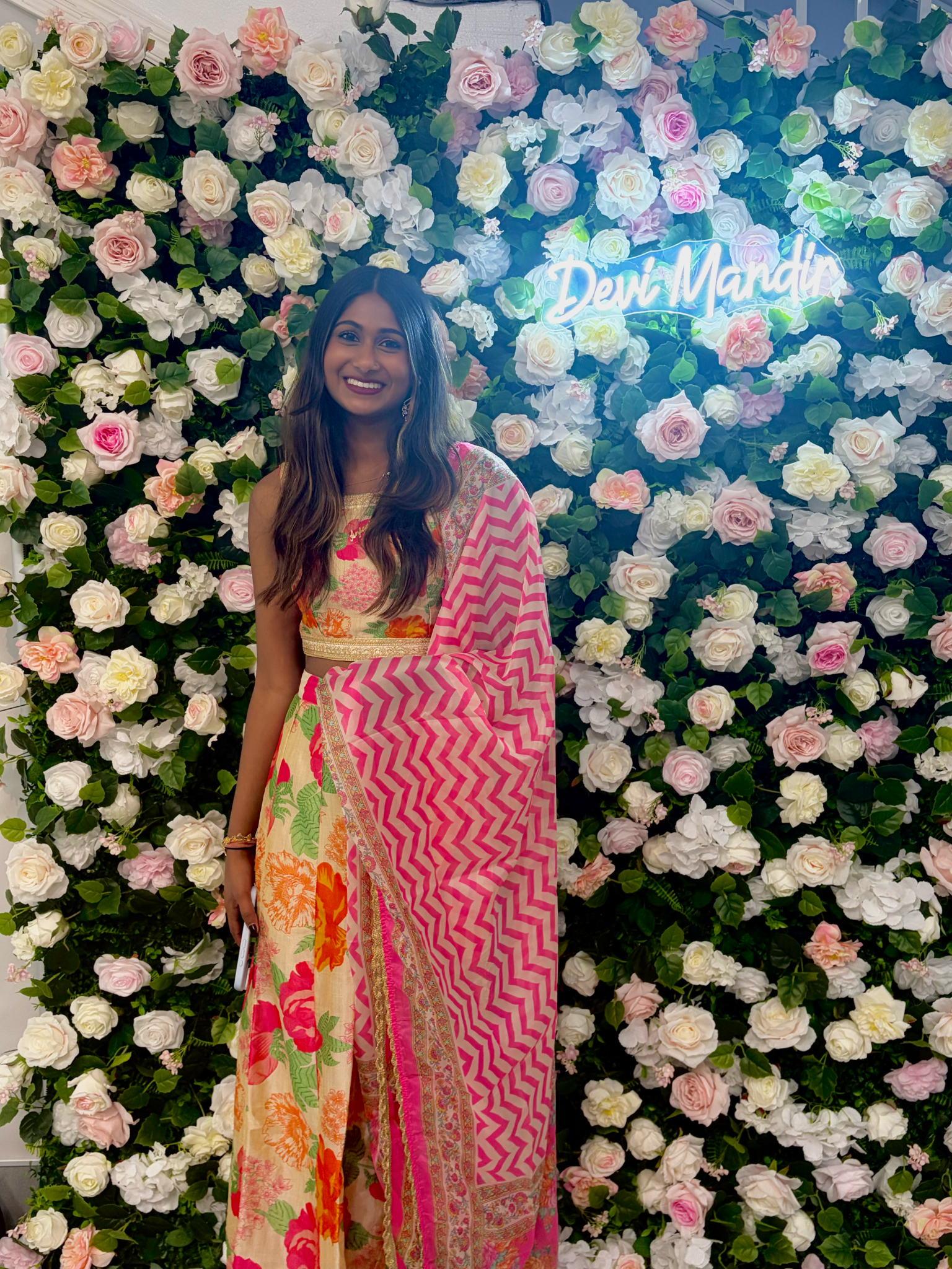Anjanie Sukhnandan at Devi Mandir in traditional attire